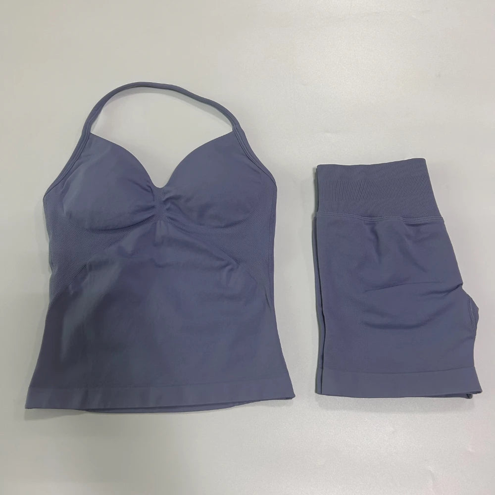 No Logo 2Pcs Gym Set Women Backless Tank Tops High Waist Scrunch Seamless Shorts Gym Suit Fitness Clothes Activewear Workout Set