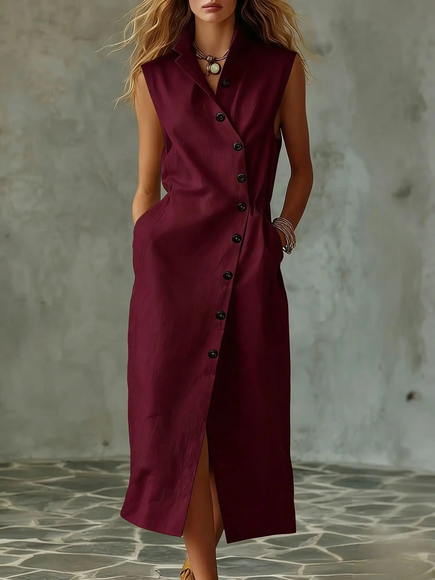 Women New Elegant Sundress Summer Single-breasted V Neck Sleeveless Long Dress Fashion Holiday Party Vestido Femme Casual Dress