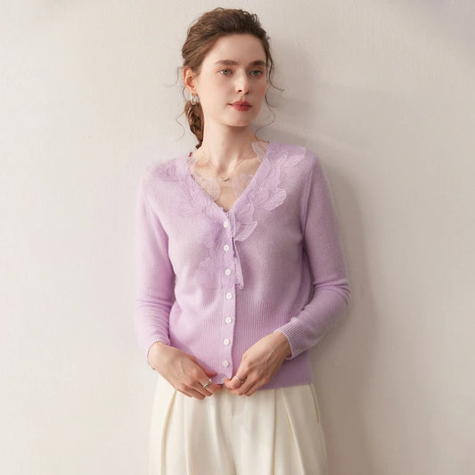 Luxury Women's 100% Cashmere Sweater Cardigans V-neck Knit Tops Autumn Winter Casual Leaf pattern lace cardigan Soft Knitwear