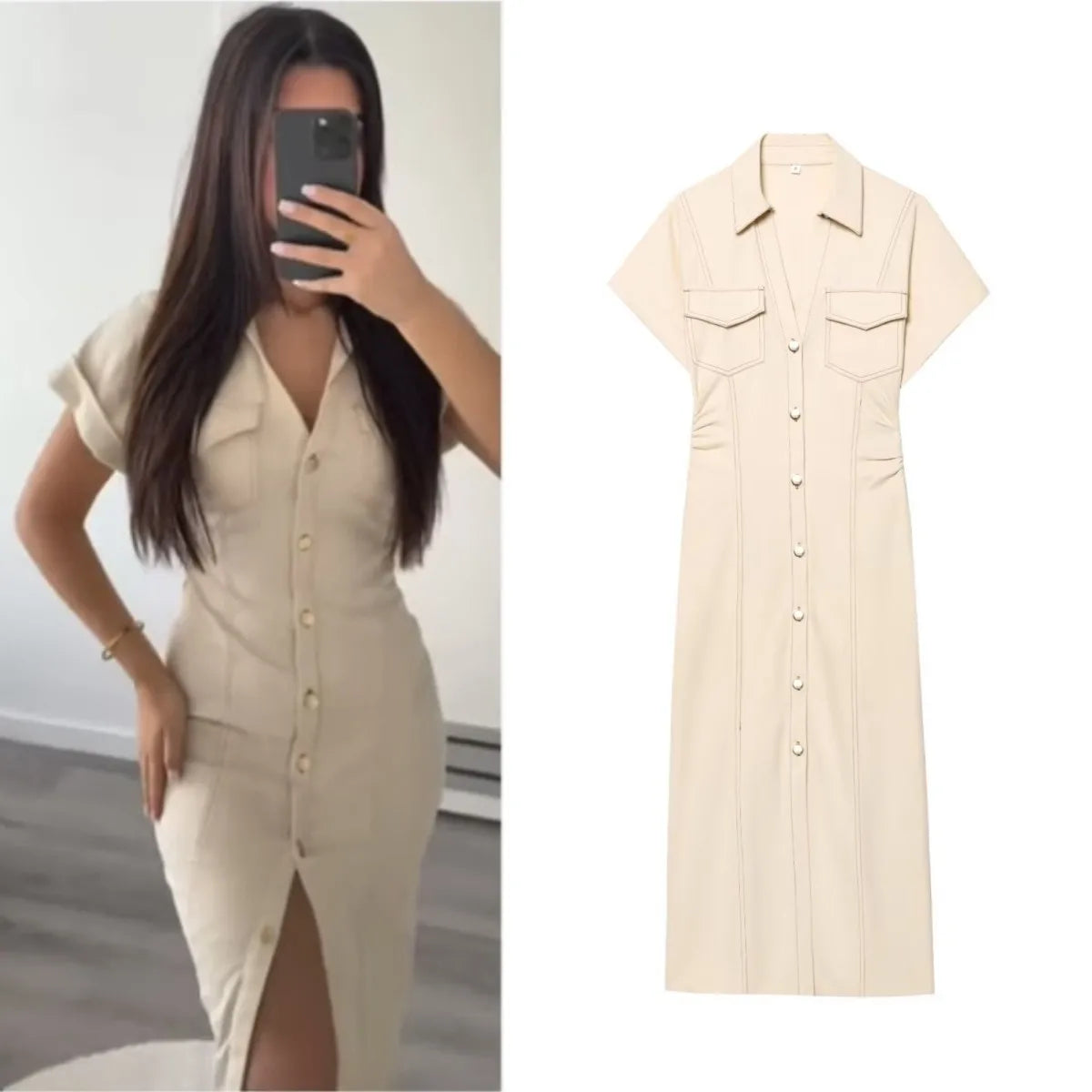 ETJ Spring New series denim MIDI dress with lapel side zipper fashion wrinkle waist slim elegant dress