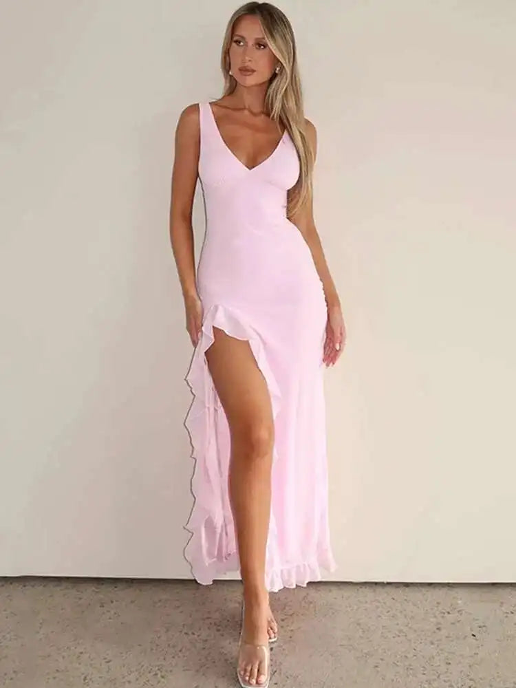 Avrilyaan Ruffle High Split Sexy Dress Women Robes Elegant Evening Summer Dress Backless Party Long Midi Dress Vestidos