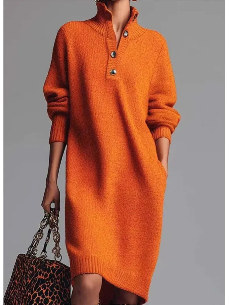 Autumn Fashion Knitted Button Lapel Women Dress Casual Loose Pocket Lazy Straight Over The Knee Long Sleeve Sweater FemaleDress