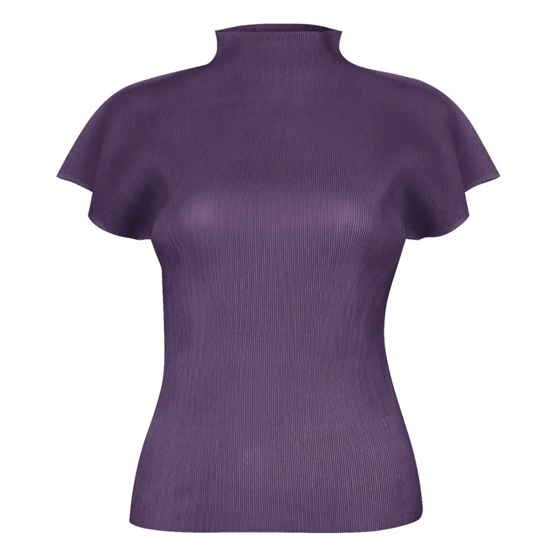 Miyake Summer New Minimalist Semi High Neck Slim Fit T-shirt  Versatile Small Top Women's Vest Clothing Feminist
