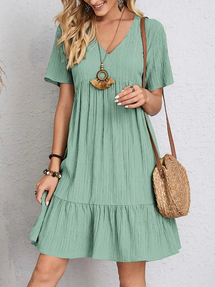 Elegant Solid V Neck A Line Dress New Summer Ruffles Loose Mini Dress Casual Short Sleeve Beach Party Vestidos Streetwear