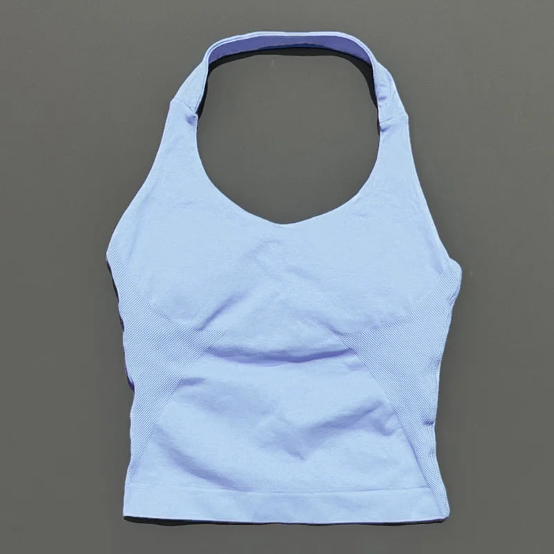 HISTELLO Impact Halter Top Seamless Longline Strappy Gym Tank Top Women Yoga Clothing Workout Fitness Sportswear Pilates Vest