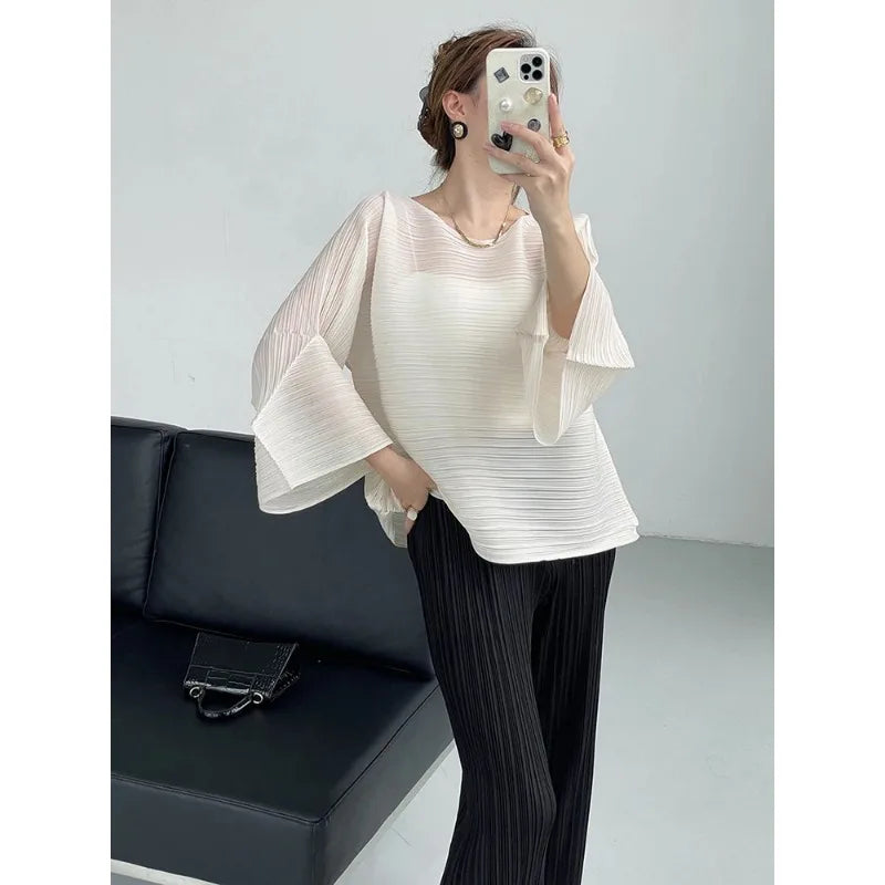 YUDX Pleated T-shirt For Women O-neck Flare Sleeves Solid Color Casual Tops Versatile Summer New Clothing