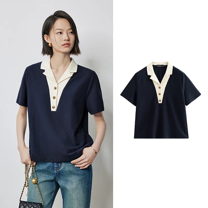 TOYOUTH Women Contrasting Colors POLO Collar T-shirt Summer New Short Sleeved Top