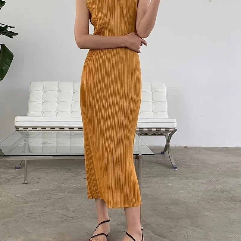 Miyake Pleated Dress Spring Summer Fashion Women Sleeveless Vest Dress High  Elastic Slim Long Vestidos Female Strap Dresses