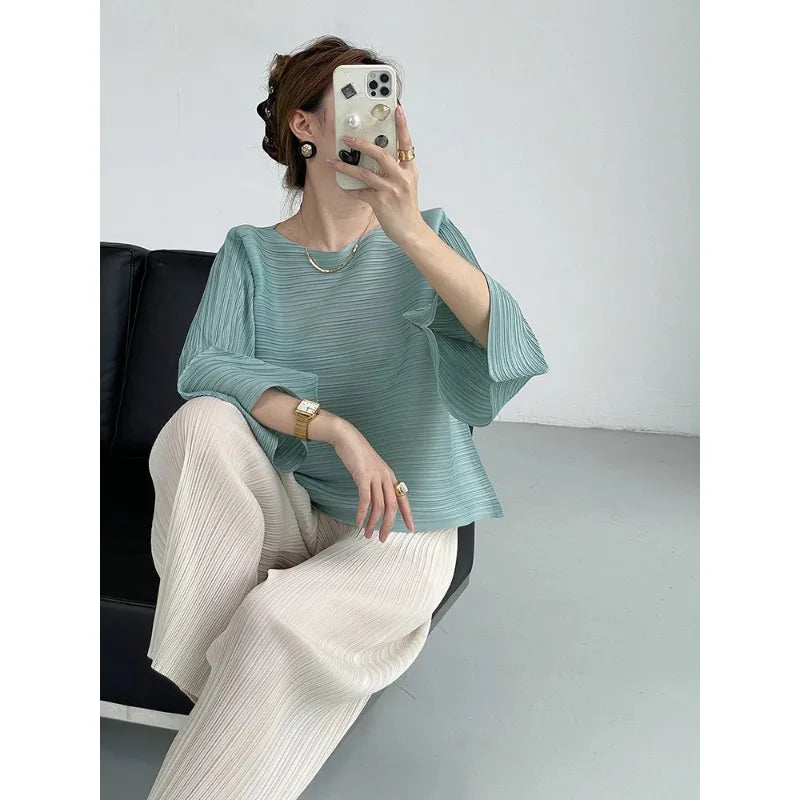 YUDX Pleated T-shirt For Women O-neck Flare Sleeves Solid Color Casual Tops Versatile Summer New Clothing