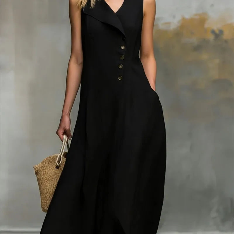 Women's Solid Color Lapel Buttons Maxi Dresses Summer With Pockets Sleeveless A-line Sundress Casual Loose Holiday Party Dress