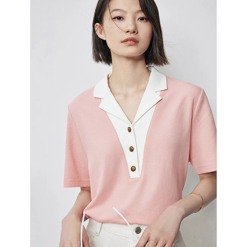 TOYOUTH Women Contrasting Colors POLO Collar T-shirt Summer New Short Sleeved Top