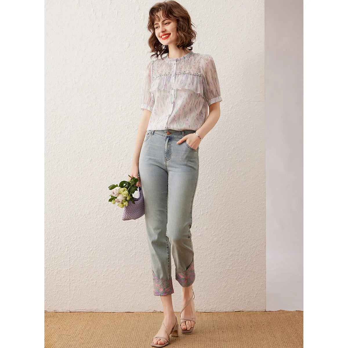 LOUIS YAO Women Shirt Elegant Print Beading Blouses Summer O Neck Short Sleeve Women's Top