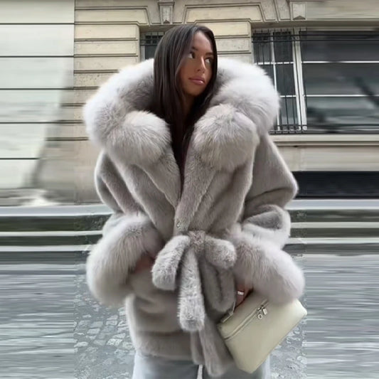 Women's Chic Luxury Faux Fur Oversize Coat Autumn Winter Simple Plush Soft Thick Warm Jacket New Versatile Cinched Waist Clothes