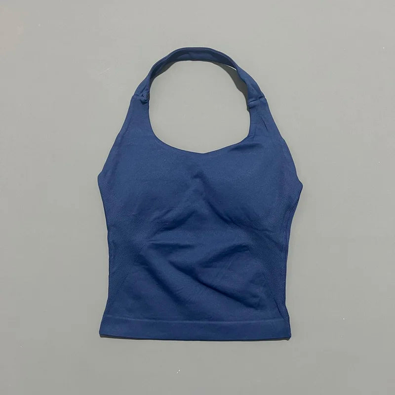 HISTELLO Impact Halter Top Seamless Longline Strappy Gym Tank Top Women Yoga Clothing Workout Fitness Sportswear Pilates Vest