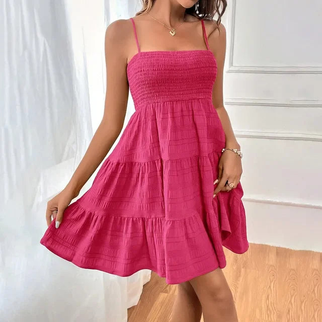 Bohemian Beach Sundress Women Sexy Sleeveless Backless Big Swing Mini Dress Solid Spaghetti Strap Ruffles Dress Summer Vestidos