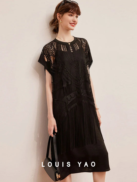 LOUIS YAO Dress Set Two-piece Set with Hollowed Out Lace Tassel Top and Elegant Camisole Dress Summer Dress for Women