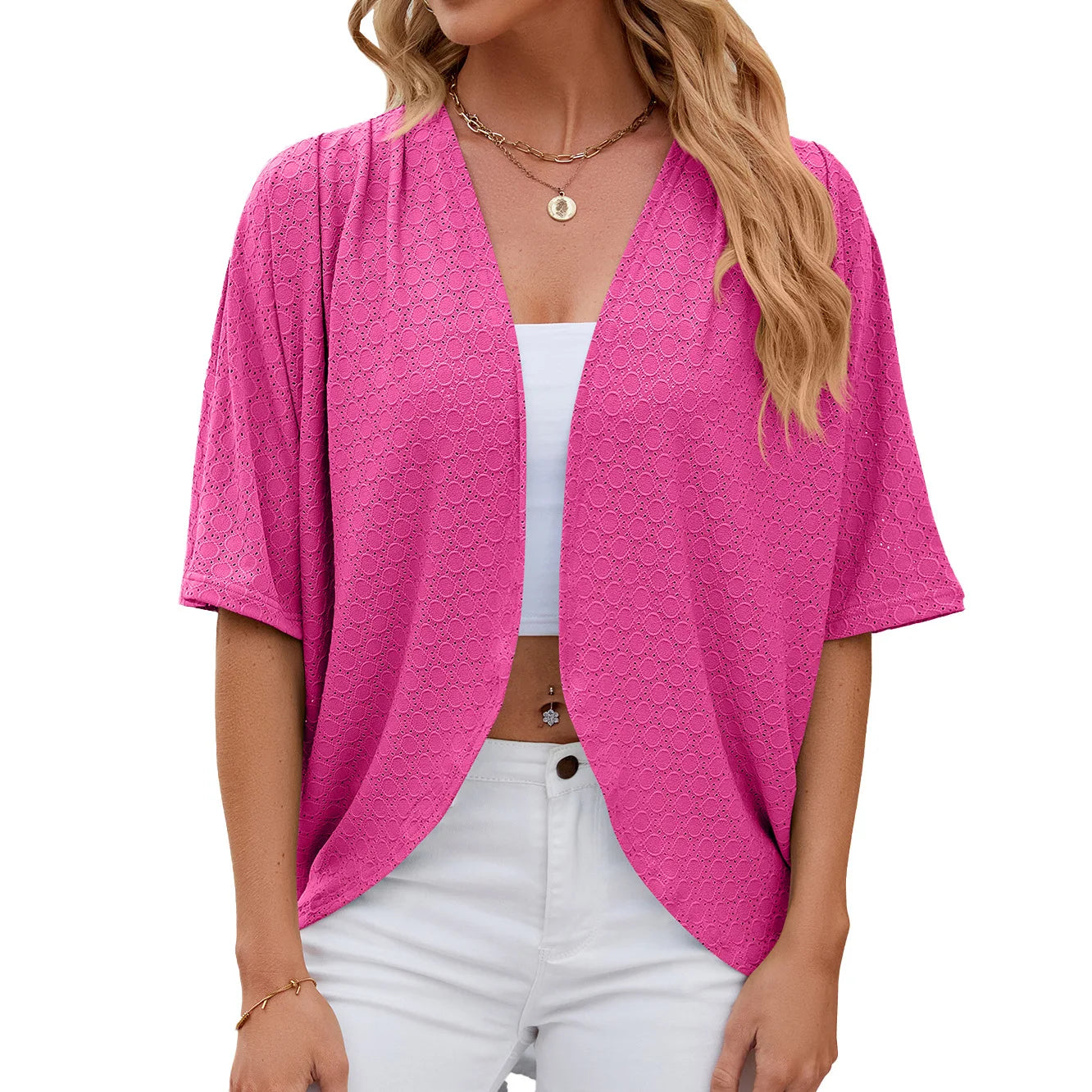 2026 New spring Summer Fashion Ladies Hollow Out Cardigan solid color circle short-sleeved casual loose top Women Outwear