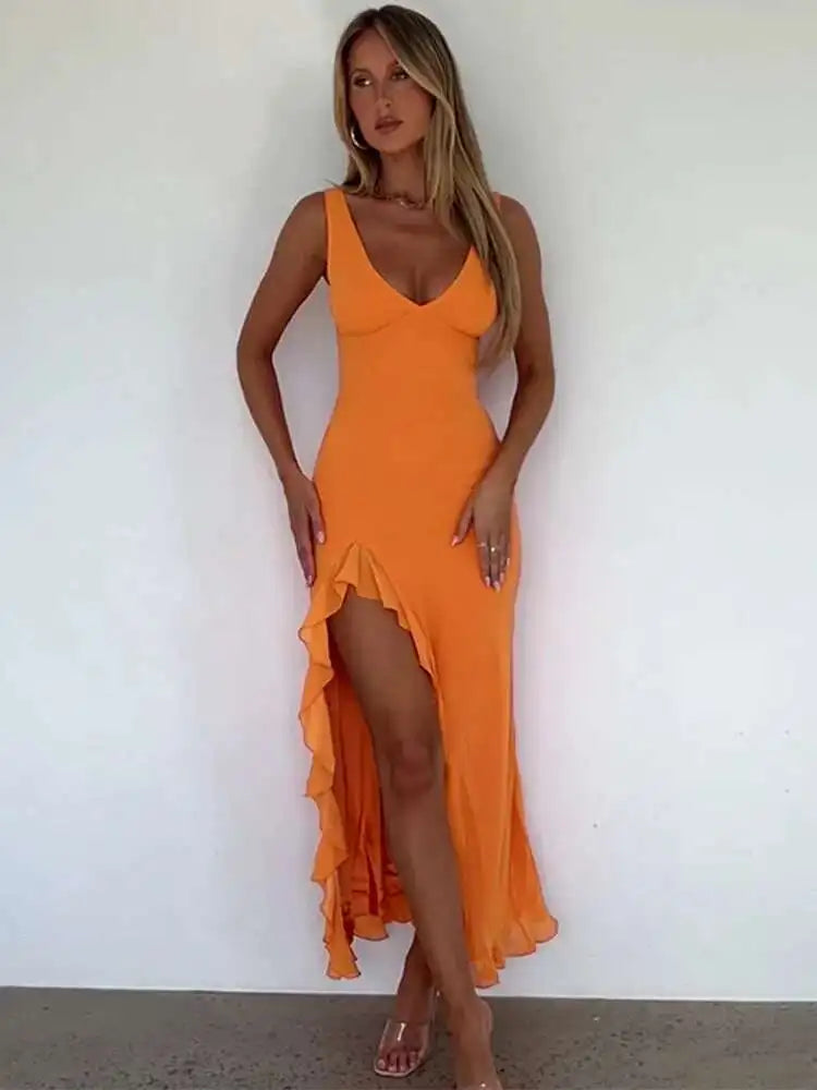 Avrilyaan Ruffle High Split Sexy Dress Women Robes Elegant Evening Summer Dress Backless Party Long Midi Dress Vestidos