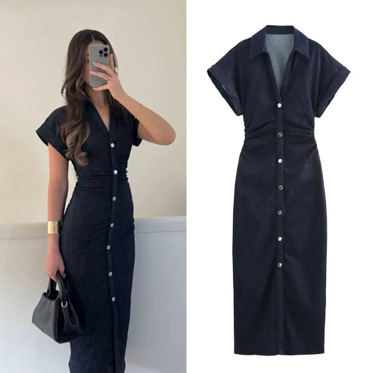 ETJ Spring New series denim MIDI dress with lapel side zipper fashion wrinkle waist slim elegant dress