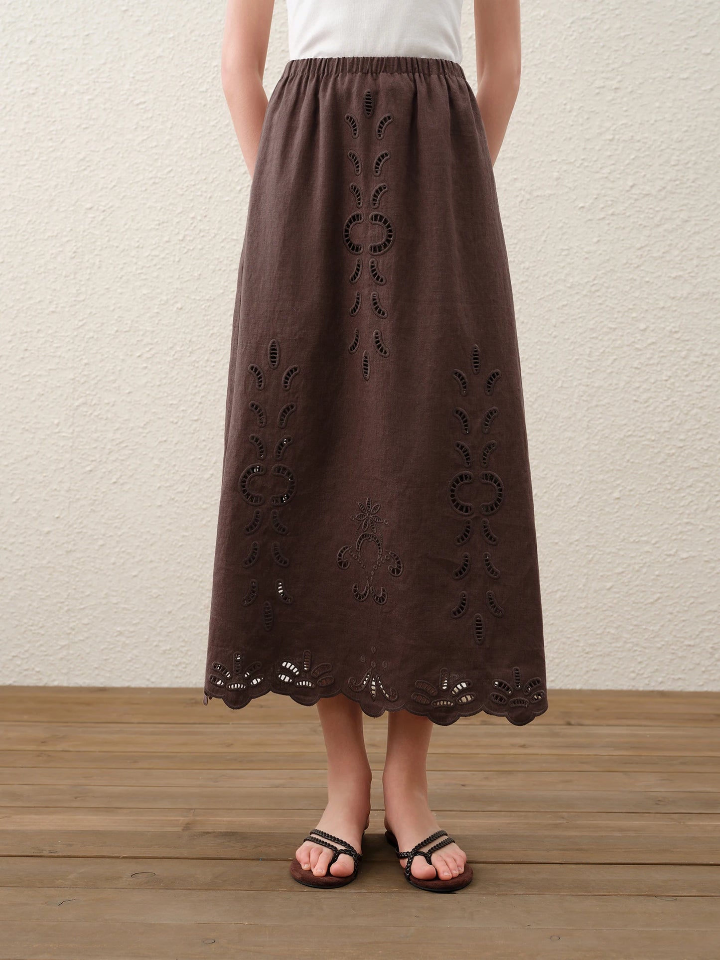 FSLE【Premium Series】Summer Women Linen Two Piece Set Cut-Out Embroidered Sleeveless Top Midi Skirt Boho Beach Vacation Style