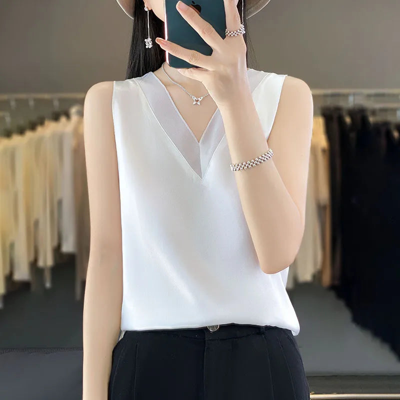 Silk Faux Thin Short Sleeve Tees All-Match Basic T-Shirt Slip Woman Summer Clothes Elegant Tops Solid Loose Casual Fashion