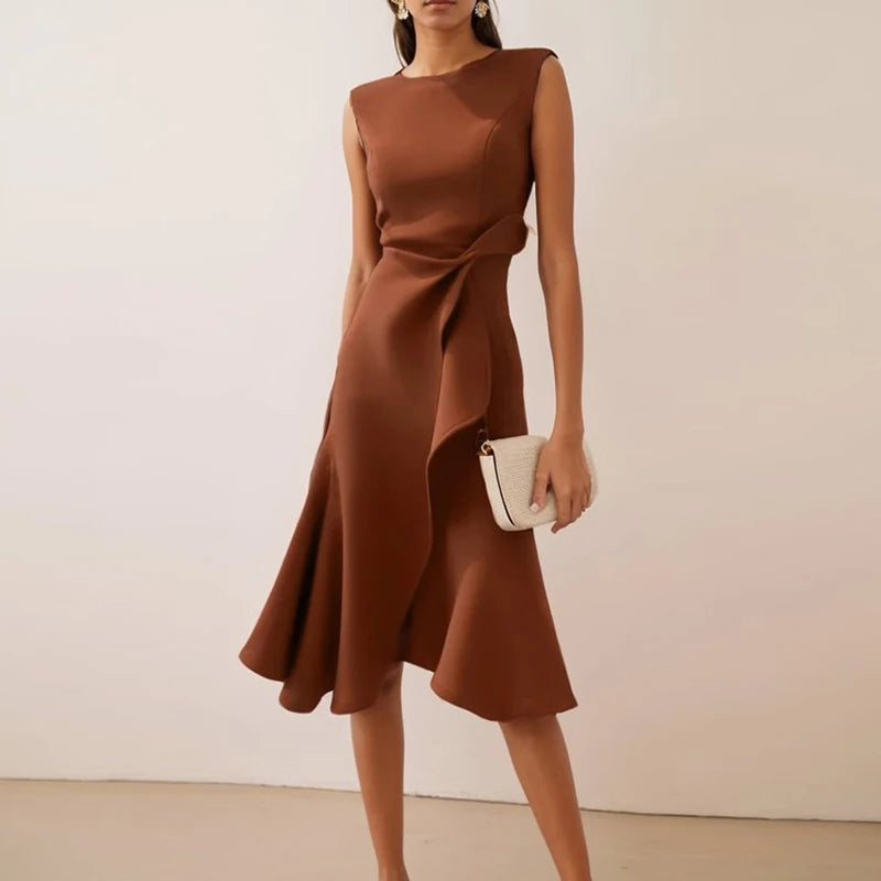 Vestidos Women Elegant O Neck Solid Commute Dress Spring Knot Slim Ruffle Irregular Dress Summer Sleeveless A-Line Party Dresses