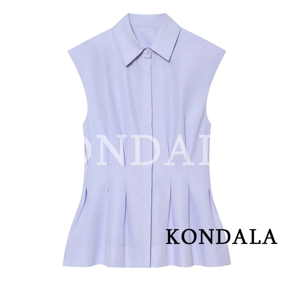 KONDALA Casual High Street Sleeveless Shirts Women Trendy Pleated Hem Shirts New 2026 Spring Summer Fashion Commute Vest Shirts