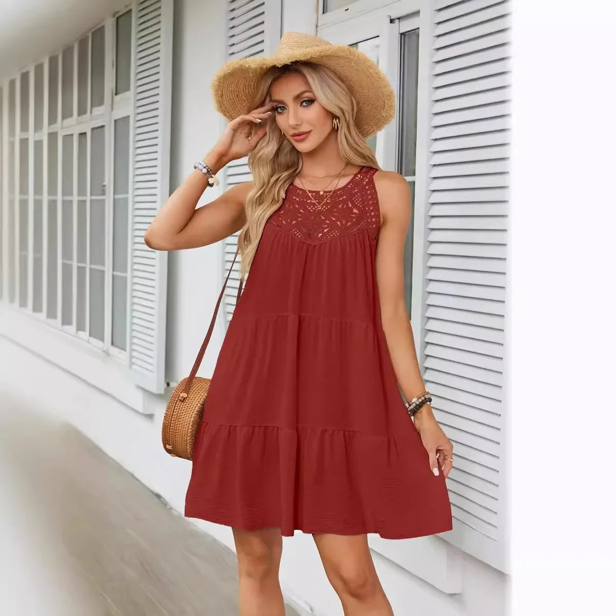 Women Summer Beach Mini Dresses Halter Sleeveless Sexy Loose A-Line Hollow Out Lace White Bohemia Dress Pleated Solid Sundress
