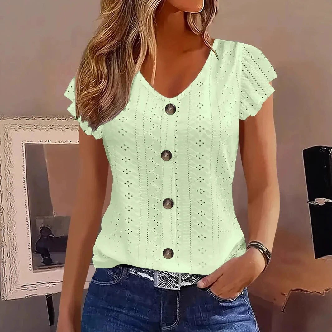 Spring/Summer new women's fashion stylish commute casual solid color multi-color ruffle sleeve V-neck T-shirt