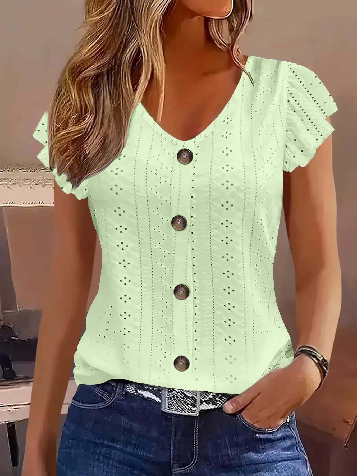 Spring/Summer new women's fashion stylish commute casual solid color multi-color ruffle sleeve V-neck T-shirt