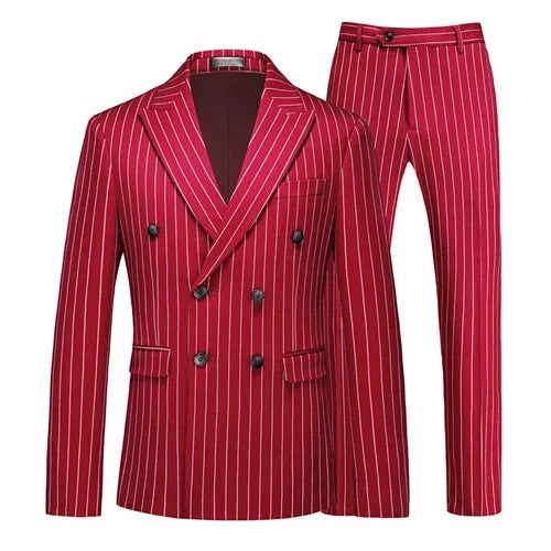 Fashion Men Double Breasted Striped Suit 2 Piece Black / Wine Red Party Blazers and Trousers
