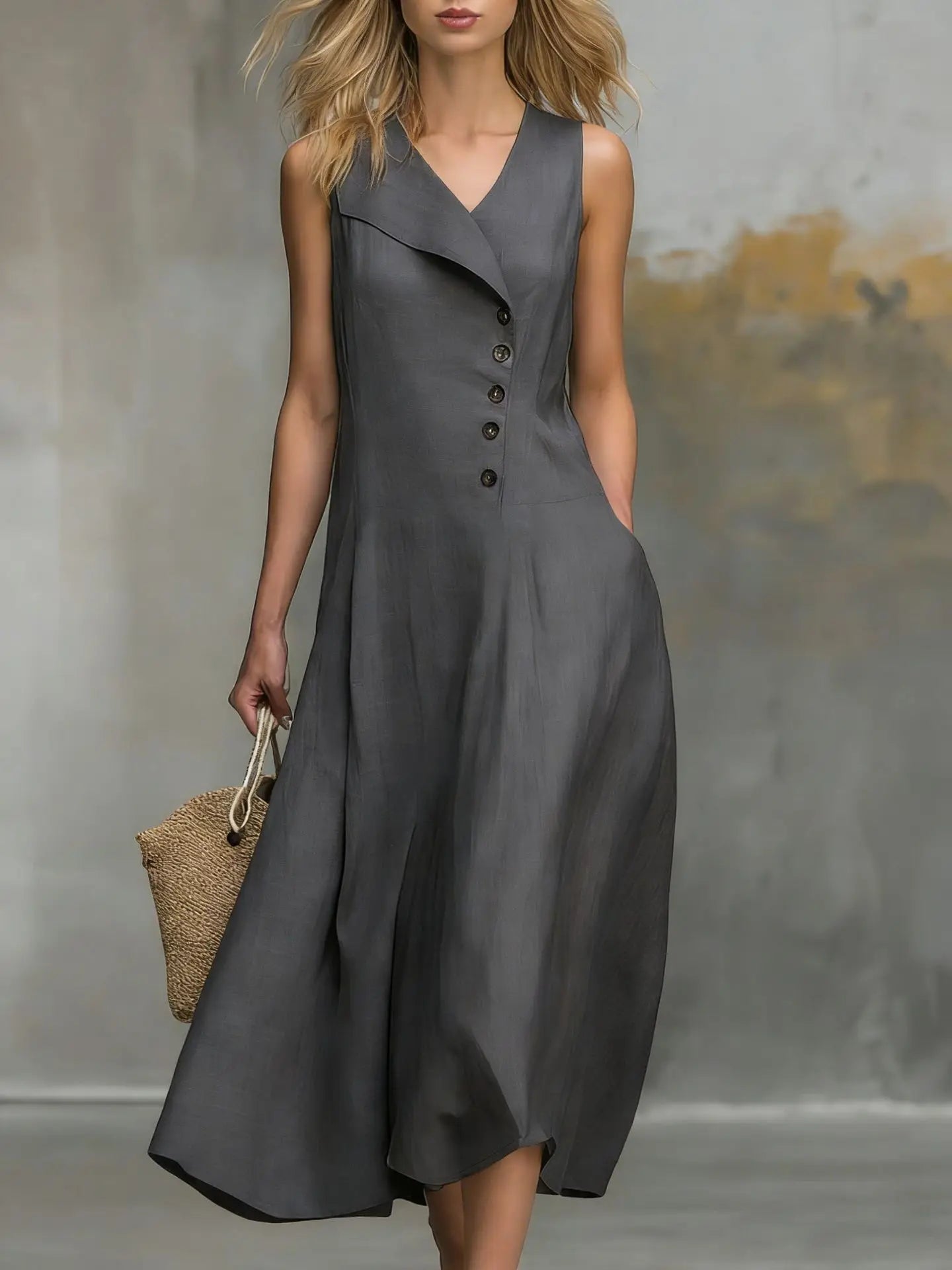 Women's Solid Color Lapel Buttons Maxi Dresses Summer With Pockets Sleeveless A-line Sundress Casual Loose Holiday Party Dress