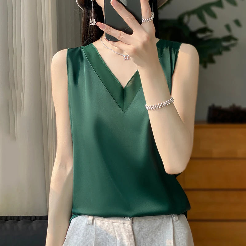 Silk Faux Thin Short Sleeve Tees All-Match Basic T-Shirt Slip Woman Summer Clothes Elegant Tops Solid Loose Casual Fashion