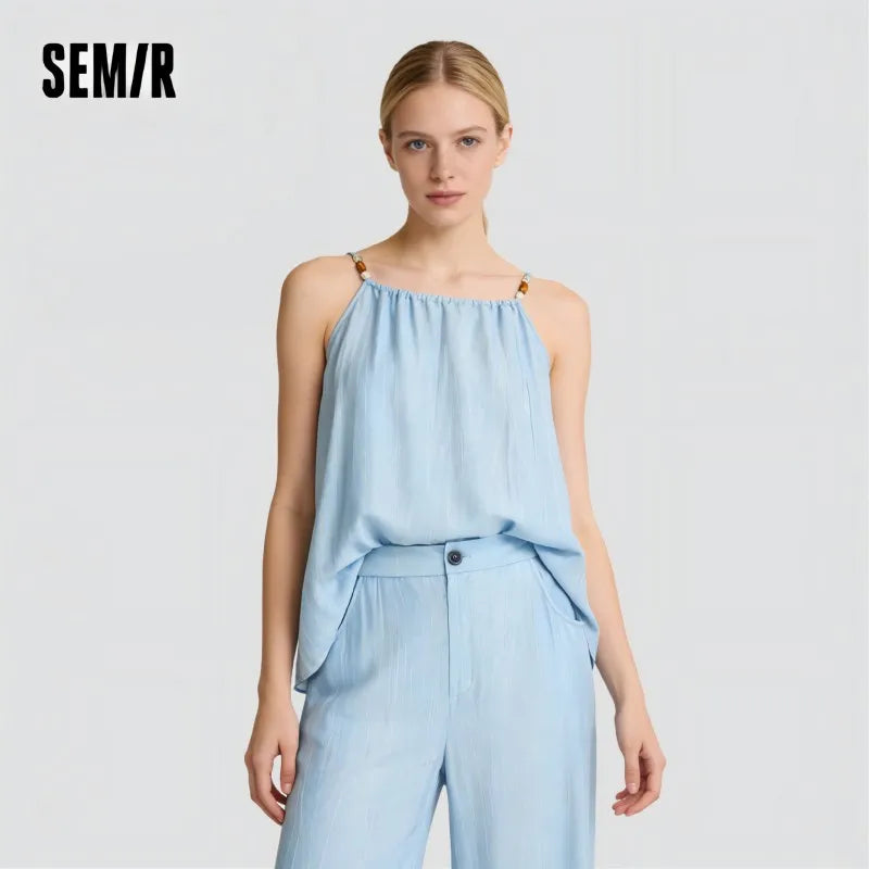 Semir Bowknot Strap Wide Leg Pants Set Women Summer New Linen Like Textured Two Piece Outfit for Vacation Style