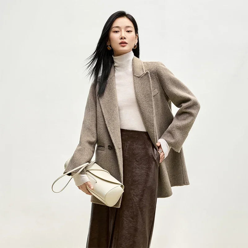 SENTUBILA Wool Blend Blazer Jacket Women 2025 Winter Warm Double Breasted Woolen Coat Woman Outerwear Female Clothing W44O56673