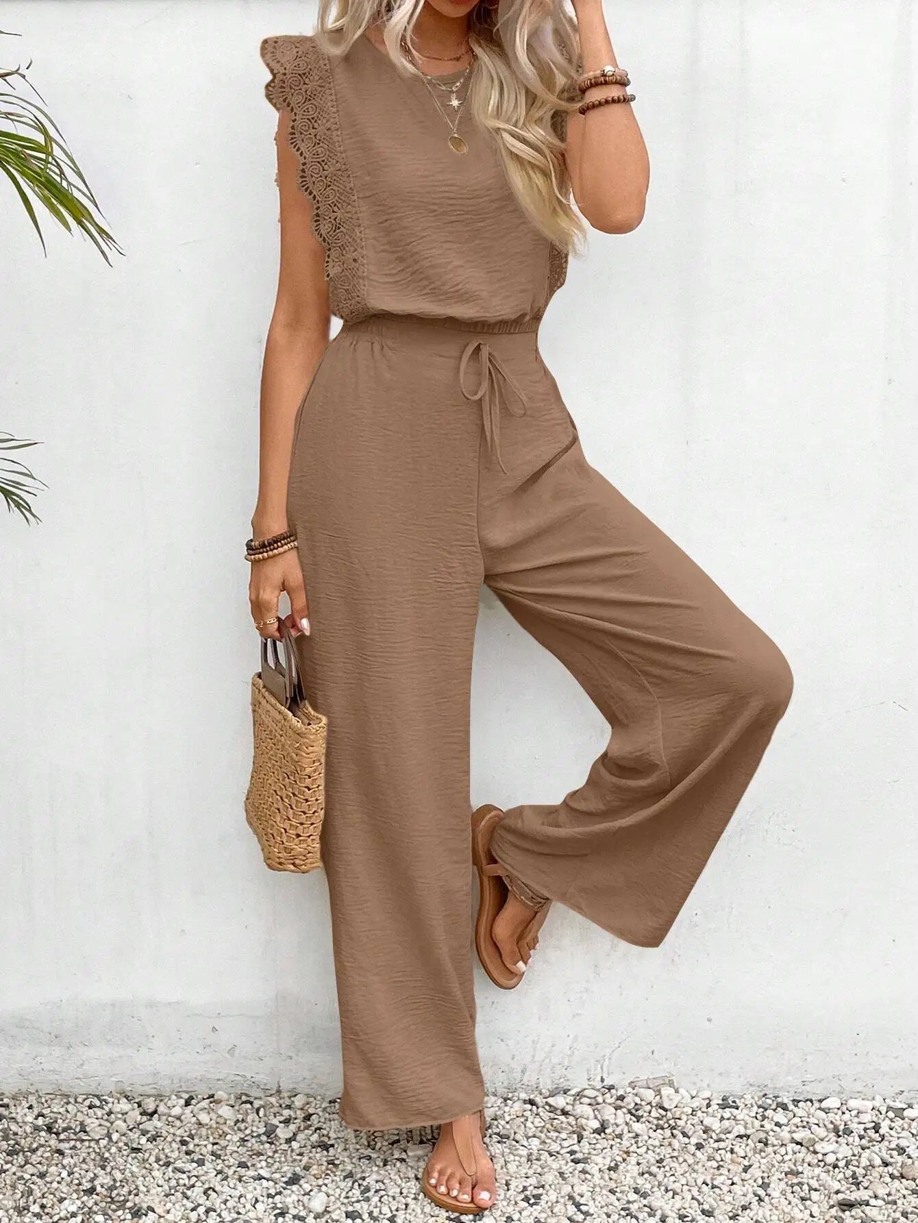 Summer New Women's Suit Sleeveless O-neck Top Elastic Waist Straight Pants Skinny Street 2-piece Set