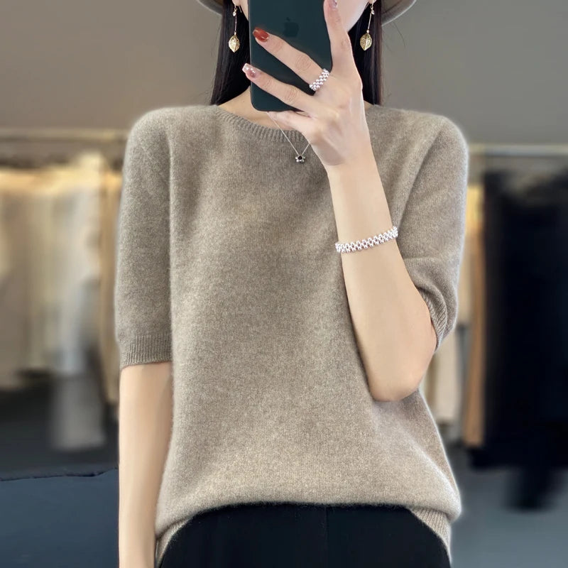 First-line ready-to-wear 100% Merino wool knitted short-sleeved women's loose solid color slim commuter five-point cuff T-shirt