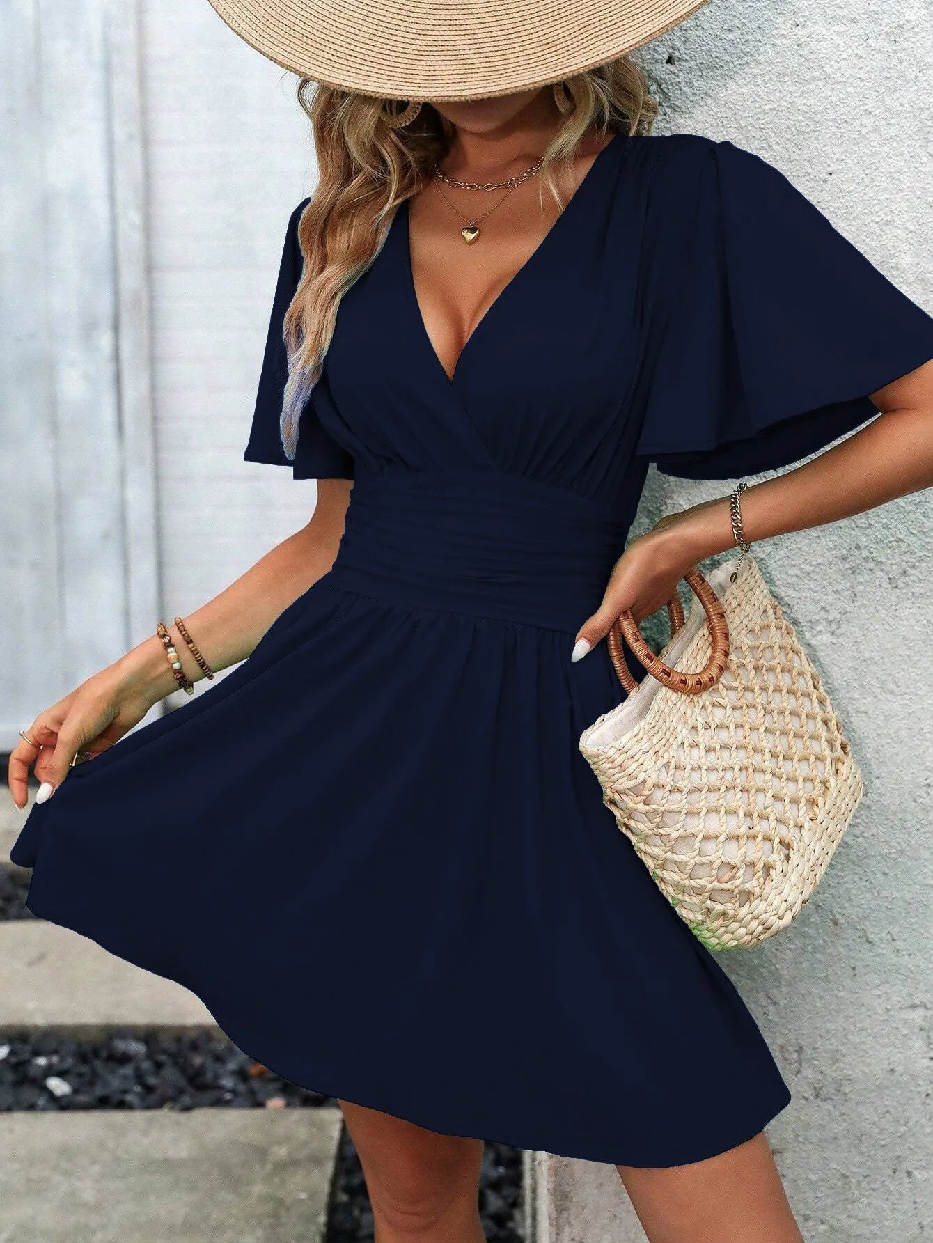 New Summer Deep V-Neck Smocked Ruffled Sleeves Bodycon Dress Women French Retro Style Solid Color Short Long Midi Maxi Dres