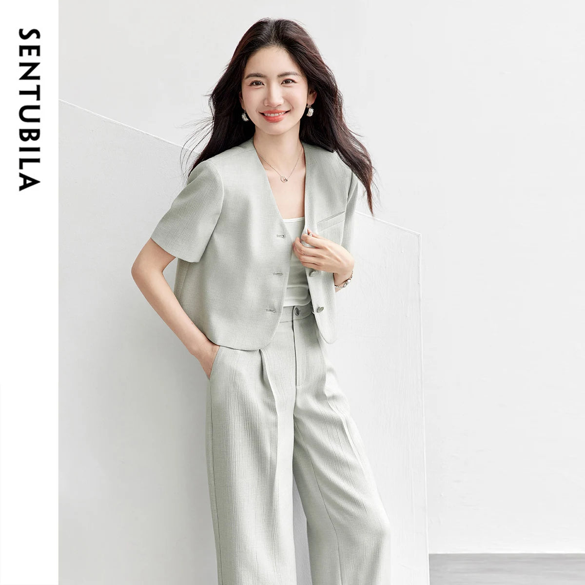SENTUBILA 2026 Pant Sets 2 Pieces Set For Woman Pearl Metal Buckle Women's Summer Suit Wrinkle-Resistant Blazer Outfit 152ZA0061