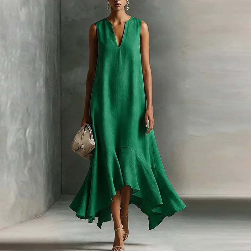 Fashion Women Sleeveless V Neck Long Dress Ruffle Hem Irregular Sundress Summer Casual Loose Beach Holiday Dress Boho