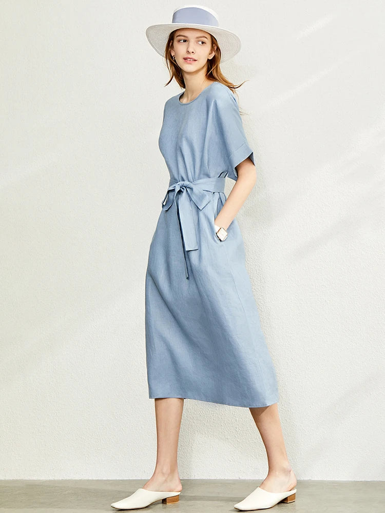 AMII Minimalist Women Dress 2023 Summer New 100% Linen Niche Fashion Artistic Temperament O-Neck Dresses Vestidos 12342278