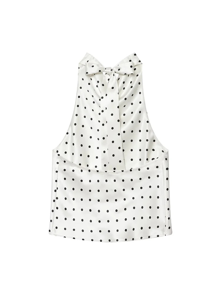 TFMLN Women's Polka Dot Print Halter Neck Top Sexy Off Shoulder Chic Dot Patterned Holiday Style Vest Summer Fashion Outfit