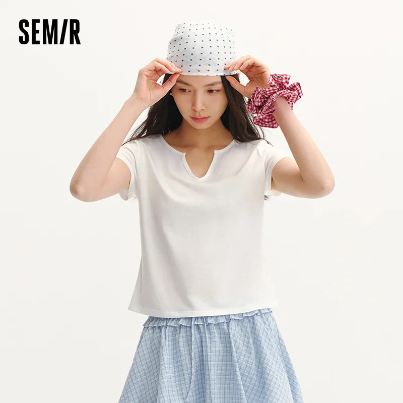 Semir Womens Tshirt 2026 Short Slim Cotton Linen Solid Regular Shoulder Elegant Casual Soft