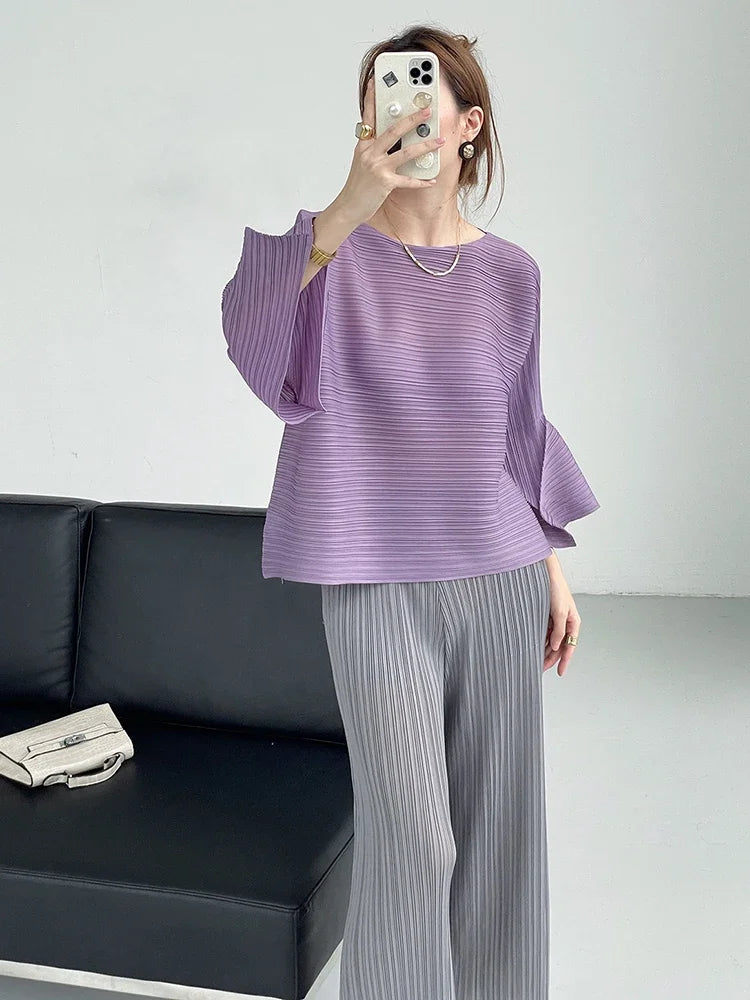 YUDX Pleated T-shirt For Women O-neck Flare Sleeves Solid Color Casual Tops Versatile Summer New Clothing