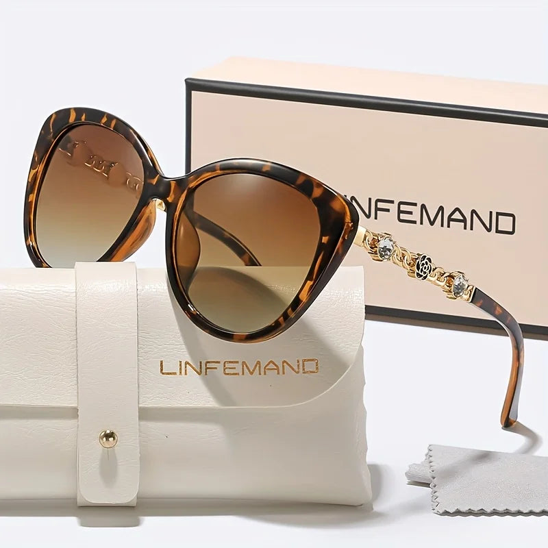 LINFEMAND Cat's Eye Unique Flower Water Diamond Decorative Sunglasses UV400 Women's Party Dinner Trendy Accessories Holiday Gift