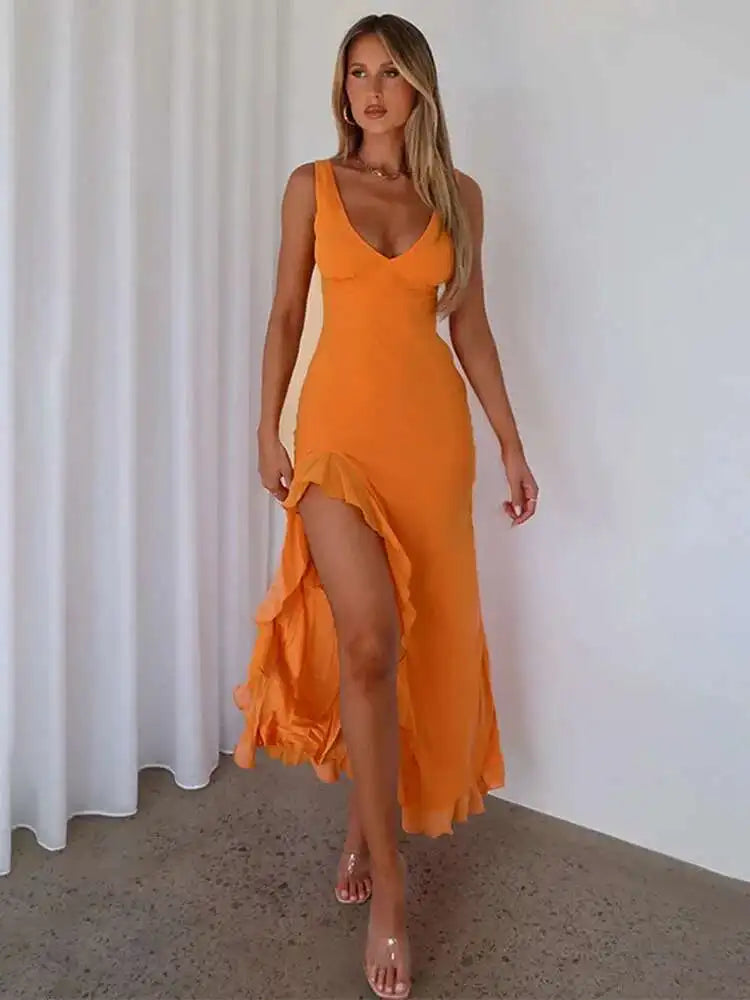 Avrilyaan Ruffle High Split Sexy Dress Women Robes Elegant Evening Summer Dress Backless Party Long Midi Dress Vestidos