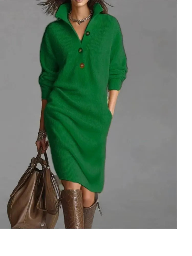 Autumn Fashion Knitted Button Lapel Women Dress Casual Loose Pocket Lazy Straight Over The Knee Long Sleeve Sweater FemaleDress