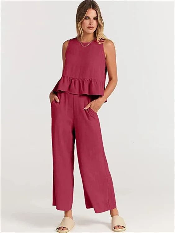 Women's New Summer Suit Solid Color Casual Sleeveless Pleated Round Neck Vest Button Wide Leg Nine-point Pants Two-piece Set