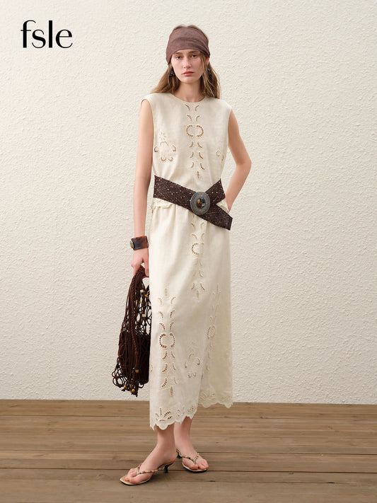 FSLE【Premium Series】Summer Women Linen Two Piece Set Cut-Out Embroidered Sleeveless Top Midi Skirt Boho Beach Vacation Style