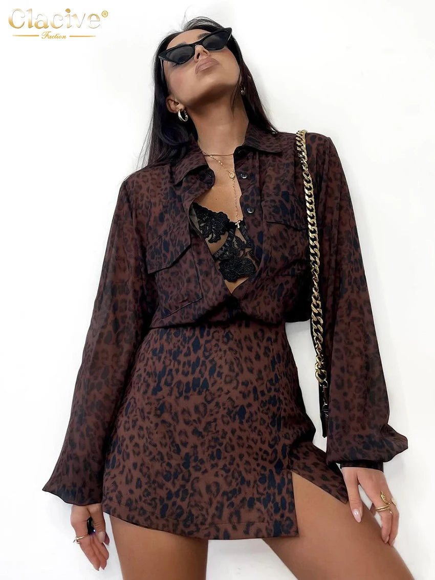 Clacive Fashion Loose Print 2 Piece Sets Women Outfit Elegant Long Sleeve Shirt With High Waist Mini Skirt Set Female Streetwear